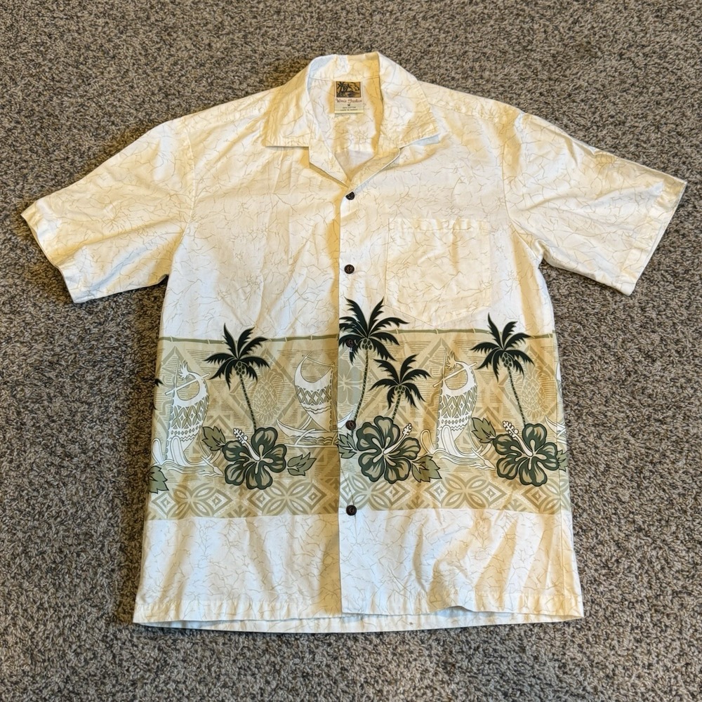 VTG Winnie Fashion Hawaiian Shirt Mens Medium Tropical Palm Trees Floral Canoes